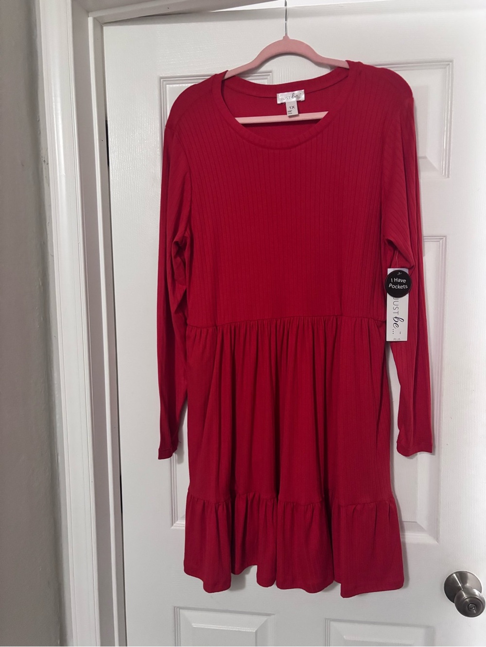 Red Long-Sleeve Tiered Dress
